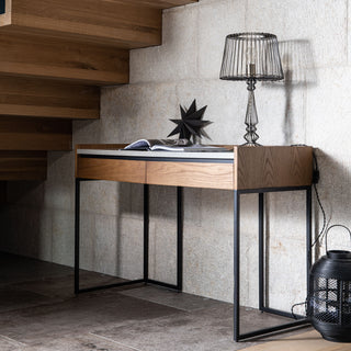 Brass finished metal piped ladder desk with a table top, two drawers and two open shelves