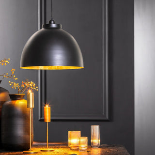 Large black dome ceiling light with a black chain