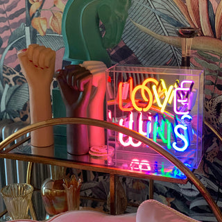 Multi coloured rainbow LED neon love wins sign box 