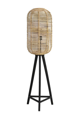 Woven rattan floor lamp with black tripod legs